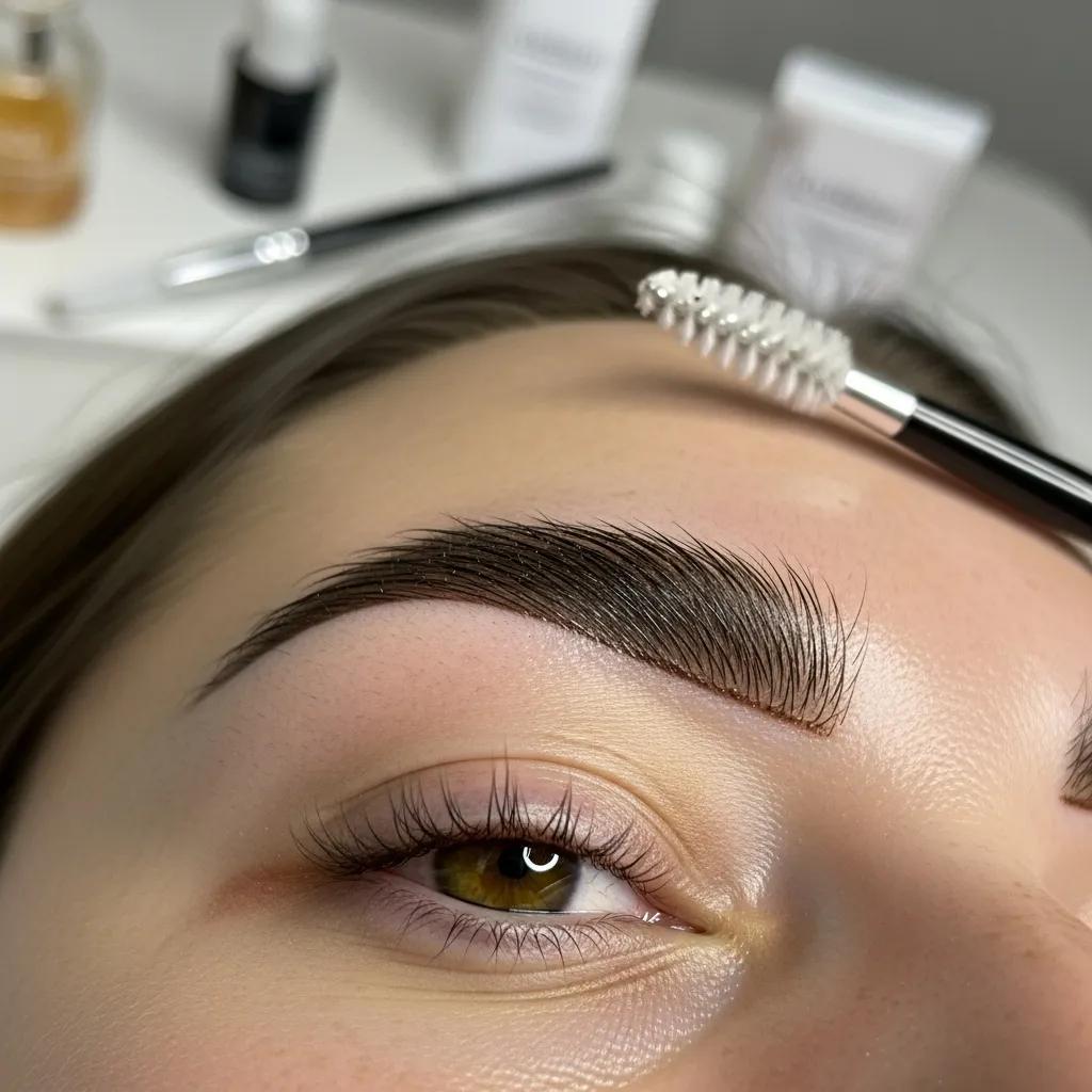 Close-up of neatly laminated brows showing fuller shape and definition