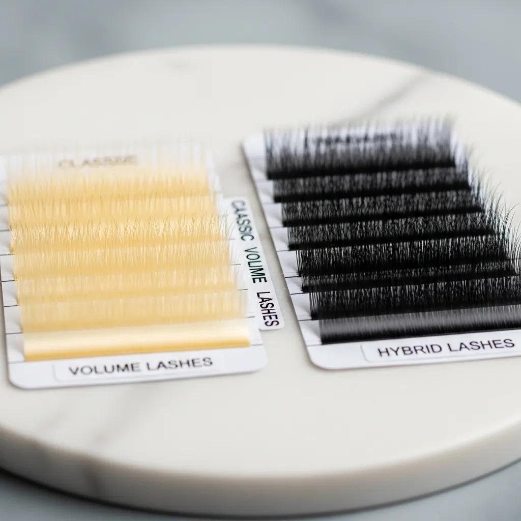 Close-up of classic, volume, and hybrid lash extensions displayed elegantly, showcasing their unique features