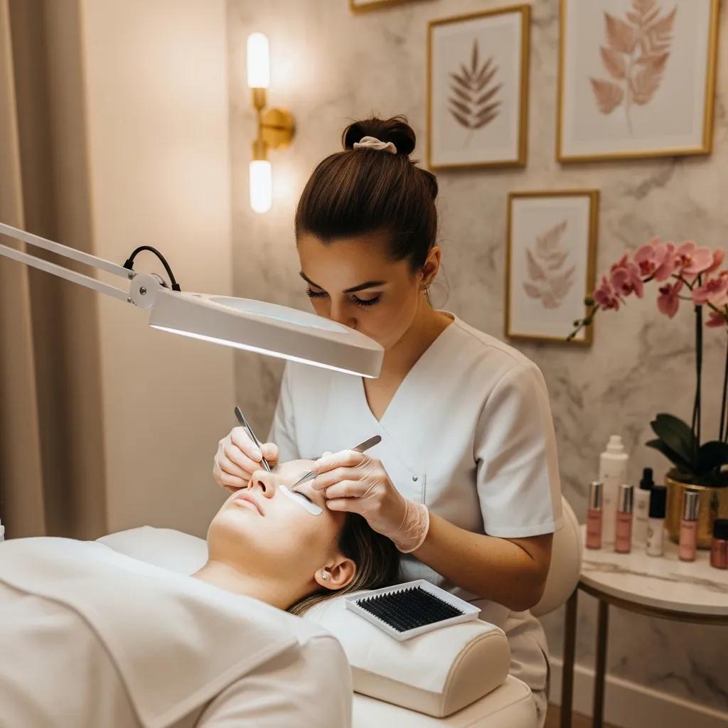 Beauty salon interior with a lash technician applying extensions, emphasizing comfort and professionalism