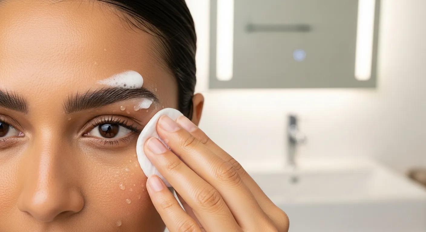 Person applying gentle cleanser for eyebrow tint aftercare in a bright bathroom