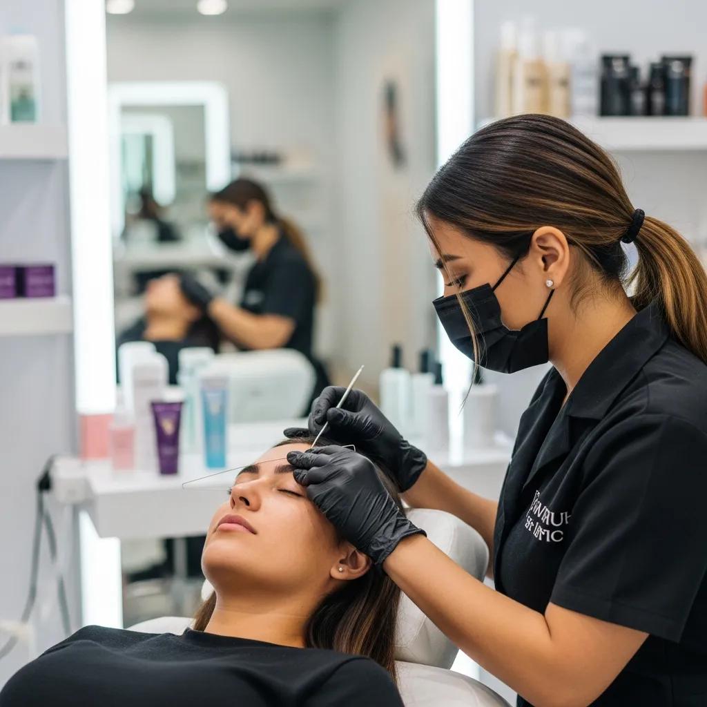 Professional eyebrow threading session in a modern salon, highlighting precision and a welcoming atmosphere