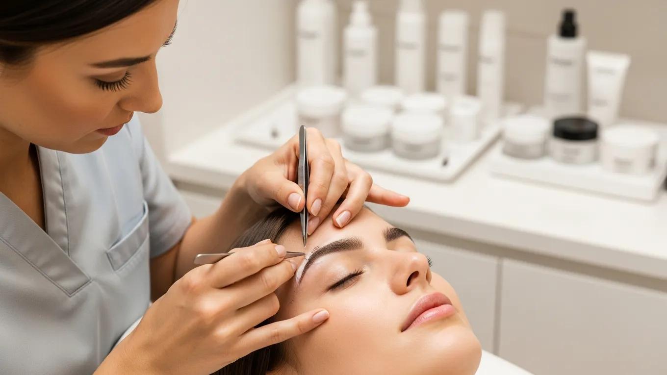 Client receiving eyebrow grooming services in a spa, highlighting the connection to acne facial routines