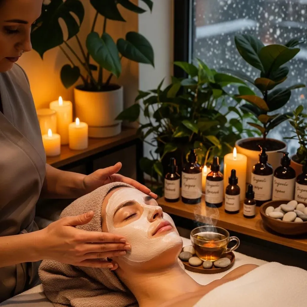 Relaxing organic facial at a Brooklyn spa, cozy winter treatment