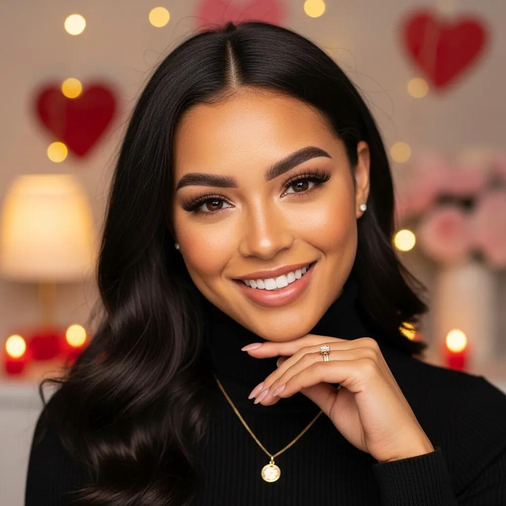 Smiling woman with lifted lashes and laminated brows in soft Valentine's lighting