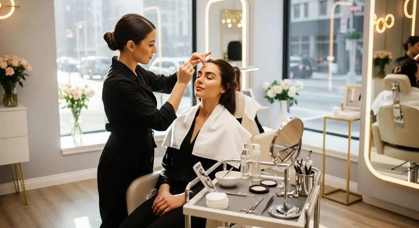 Beauty salon interior with a lash technician applying extensions, emphasizing comfort and professionalism