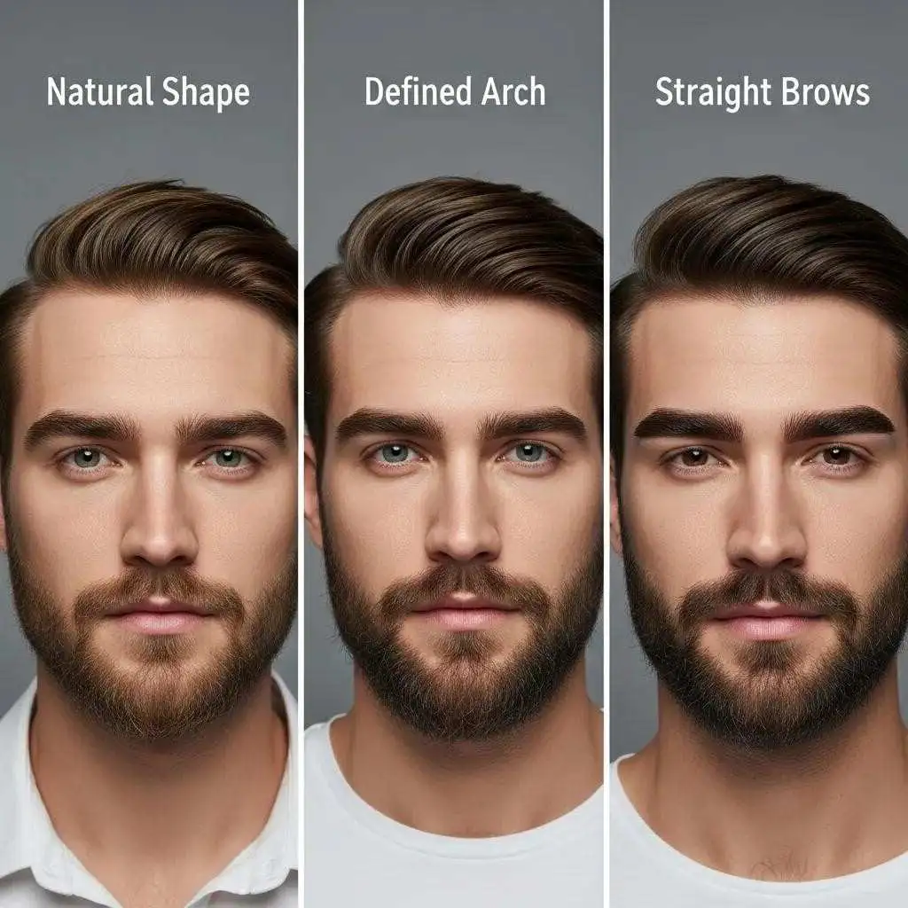 Examples of men's eyebrow styles: natural, defined arch, and straight brows