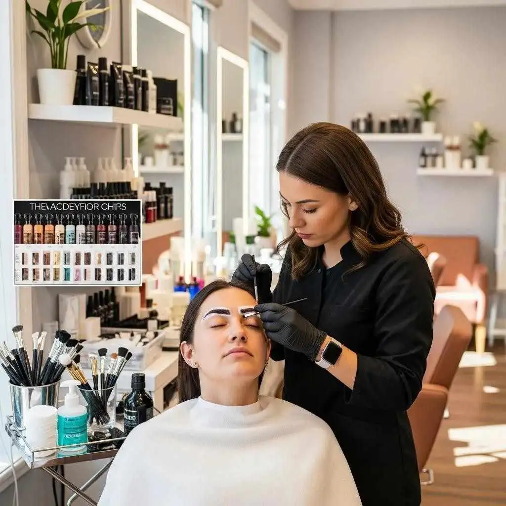 Close-up of a professional applying eyebrow tint to a client's brow in a Brooklyn salon