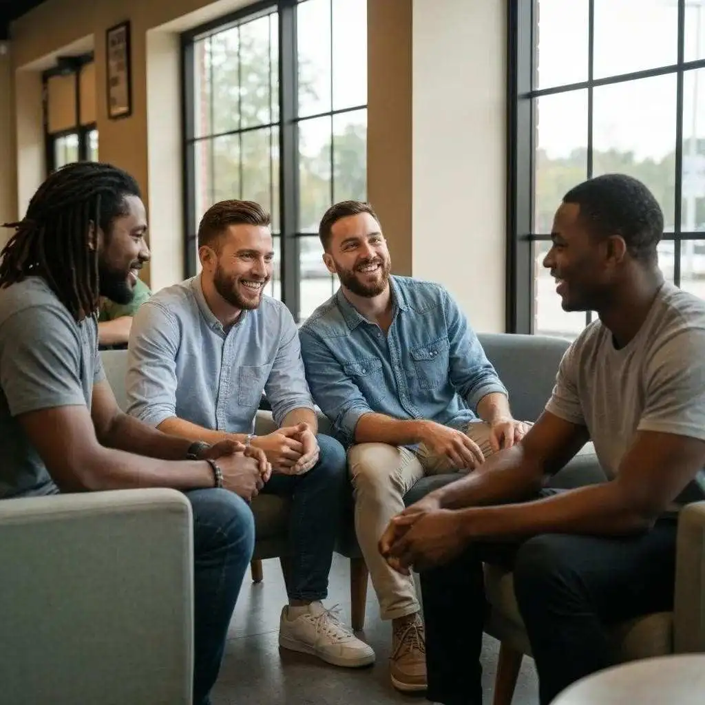 Group of Brooklyn men sharing positive waxing results and confidence stories