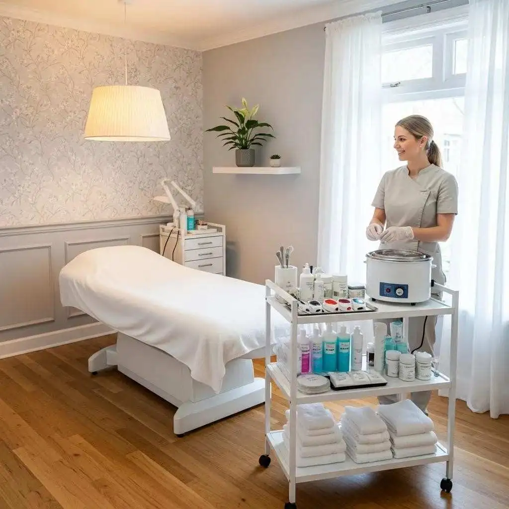 Welcoming waxing salon interior with a treatment bed and professional supplies emphasizing cleanliness and comfort